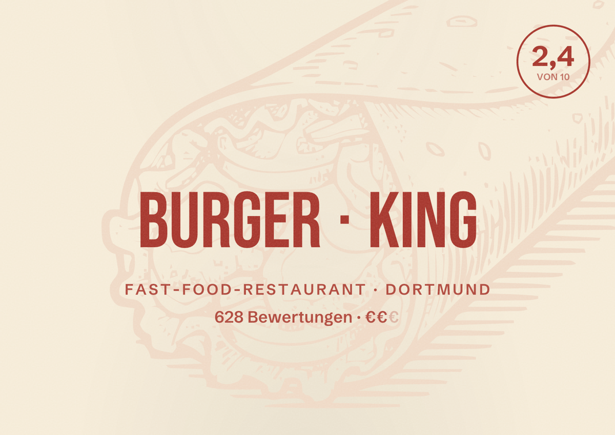 Illustriertes Poster von Burger King, Fast-Food-Restaurant in Dortmund: Bewertung 2,4 von 10 aus 628 Bewertungen, Preisniveau €€
