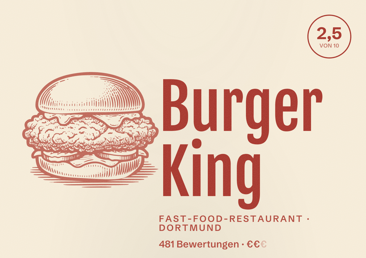 Illustriertes Poster von Burger King, Fast-Food-Restaurant in Dortmund: Bewertung 2,5 von 10 aus 481 Bewertungen, Preisniveau €€