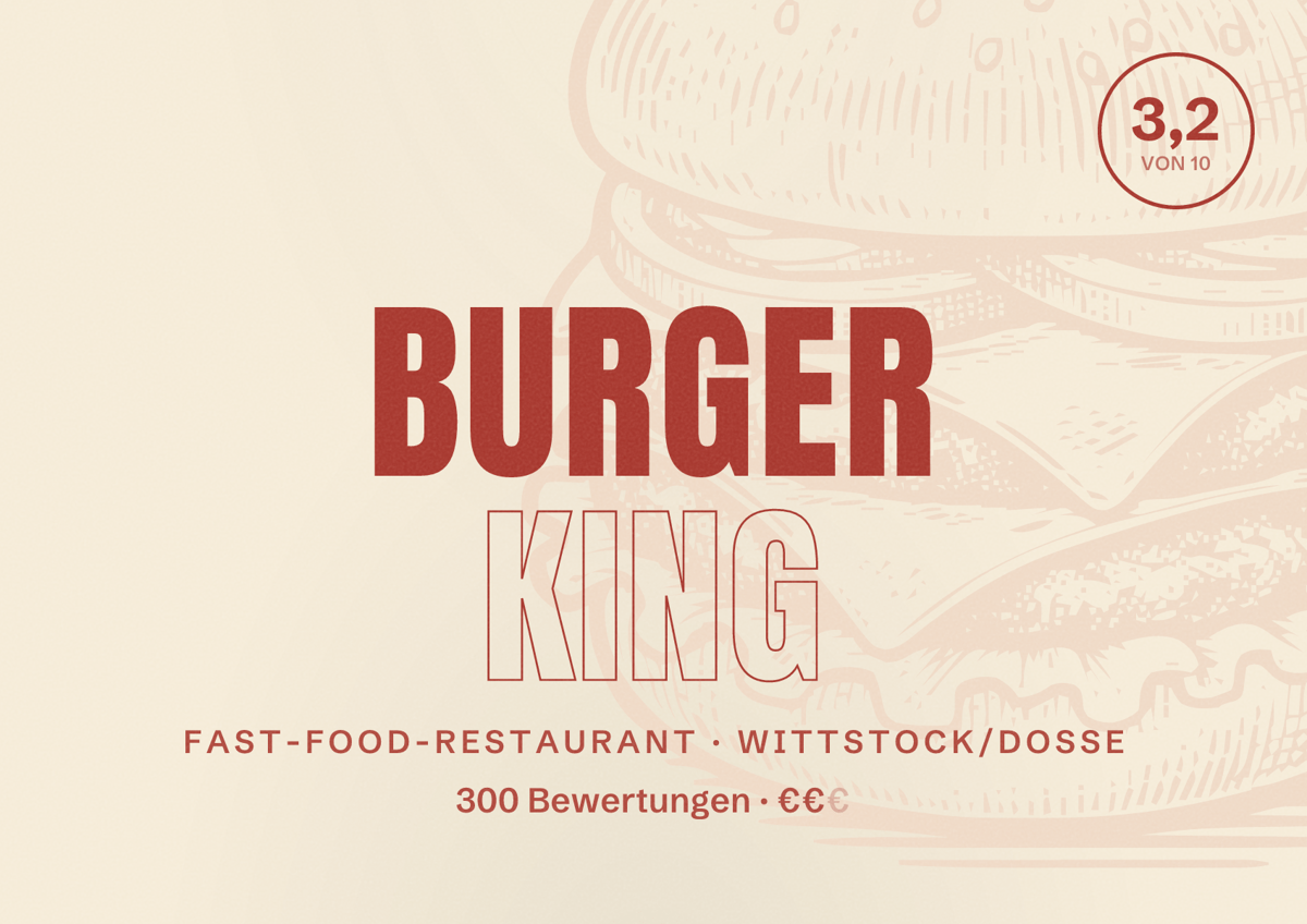 Illustriertes Poster von Burger King, Fast-Food-Restaurant in Wittstock/Dosse: Bewertung 3,2 von 10 aus 300 Bewertungen, Preisniveau €€