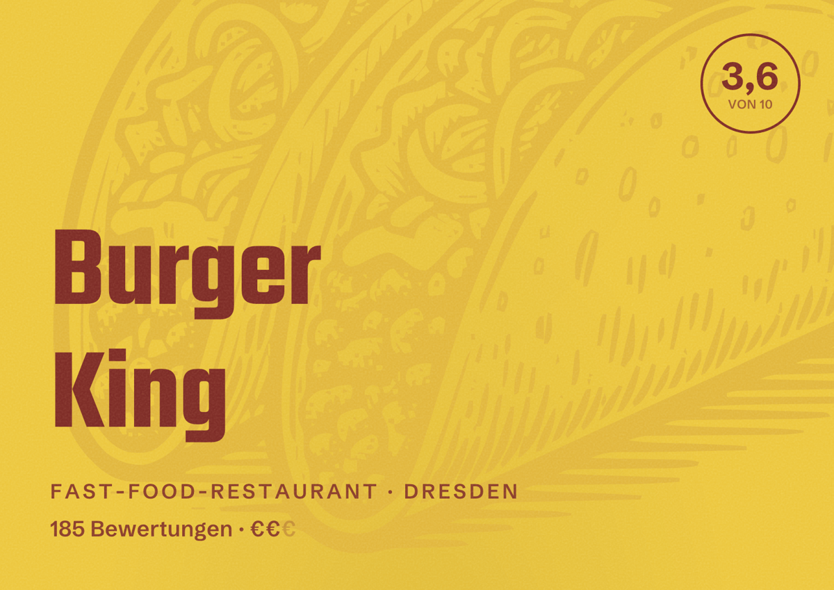 Illustriertes Poster von Burger King, Fast-Food-Restaurant in Dresden: Bewertung 3,6 von 10 aus 185 Bewertungen, Preisniveau €€