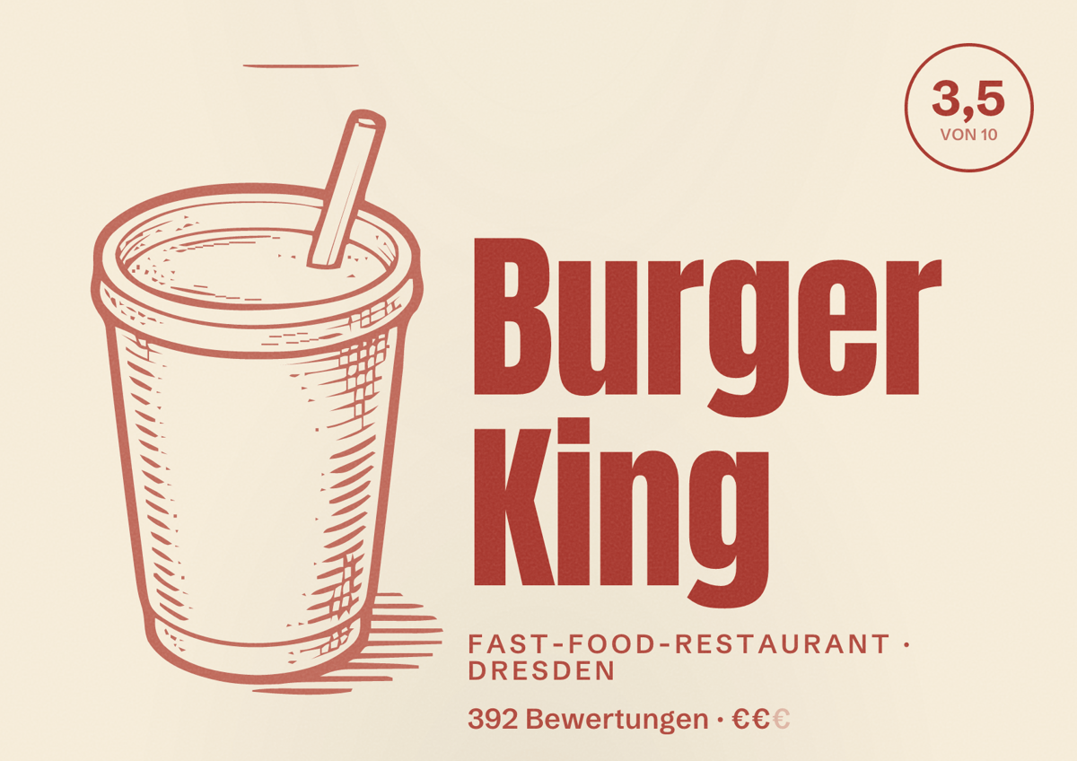 Illustriertes Poster von Burger King, Fast-Food-Restaurant in Dresden: Bewertung 3,5 von 10 aus 392 Bewertungen, Preisniveau €€