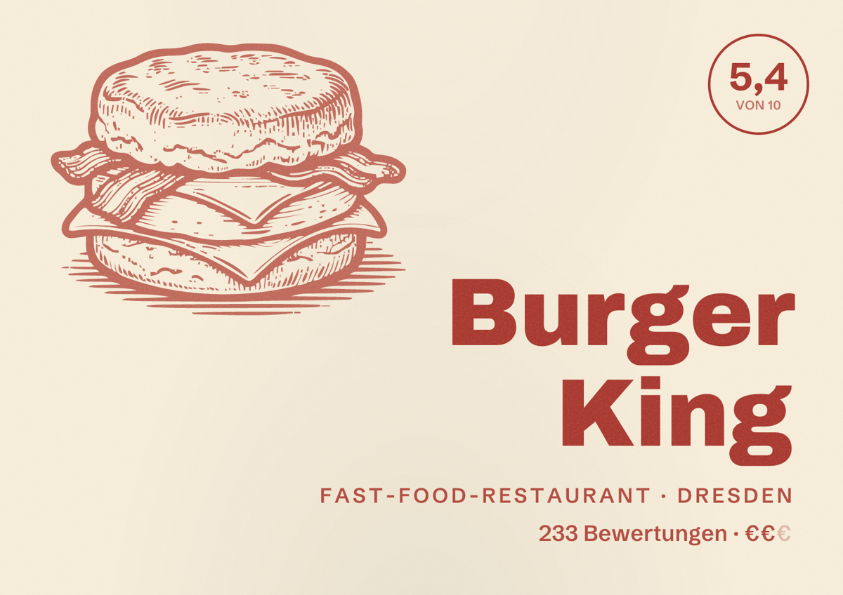 Illustriertes Poster von Burger King, Fast-Food-Restaurant in Dresden: Bewertung 5,4 von 10 aus 233 Bewertungen, Preisniveau €€