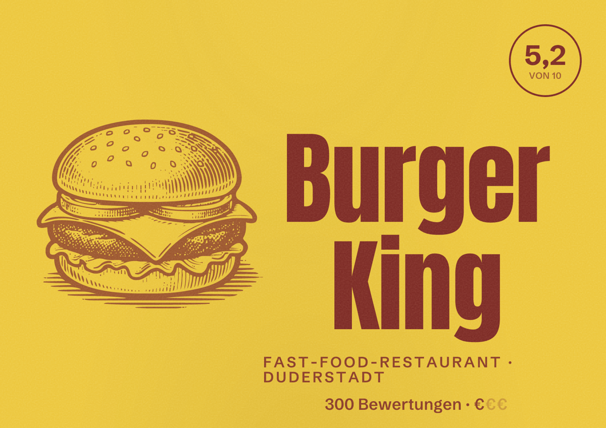 Illustriertes Poster von Burger King, Fast-Food-Restaurant in Duderstadt: Bewertung 5,2 von 10 aus 300 Bewertungen, Preisniveau €