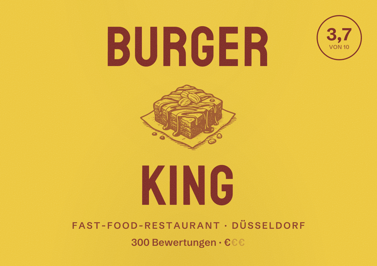 Illustriertes Poster von Burger King, Fast-Food-Restaurant in Düsseldorf: Bewertung 3,7 von 10 aus 300 Bewertungen, Preisniveau €
