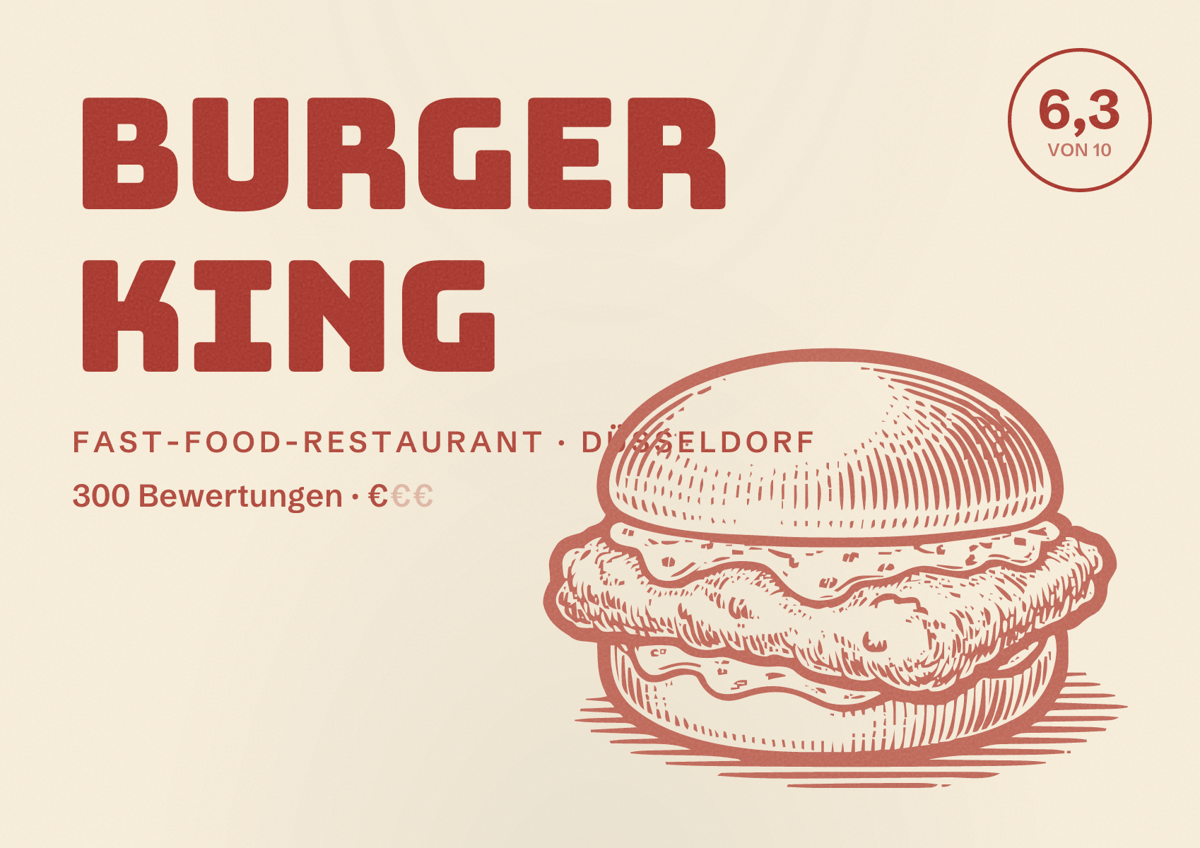 Illustriertes Poster von Burger King, Fast-Food-Restaurant in Düsseldorf: Bewertung 6,3 von 10 aus 300 Bewertungen, Preisniveau €