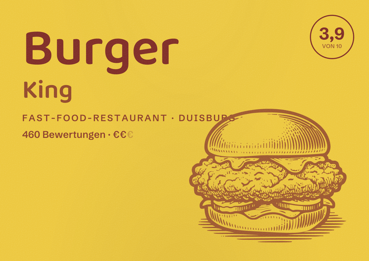 Illustriertes Poster von Burger King, Fast-Food-Restaurant in Duisburg: Bewertung 3,9 von 10 aus 460 Bewertungen, Preisniveau €€