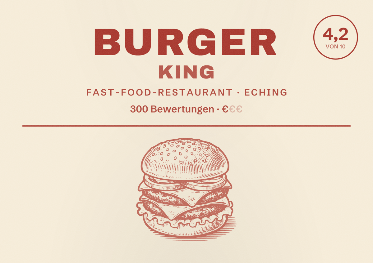 Illustriertes Poster von Burger King, Fast-Food-Restaurant in Eching: Bewertung 4,2 von 10 aus 300 Bewertungen, Preisniveau €