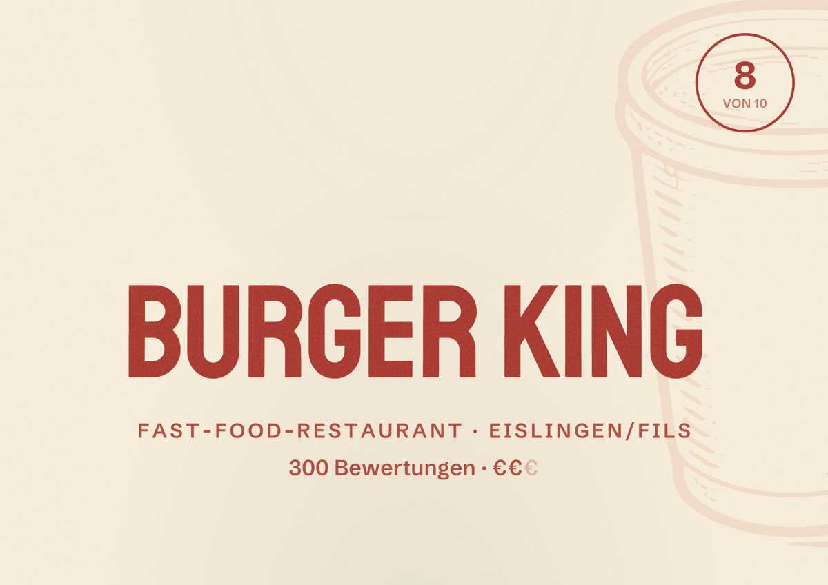 Illustriertes Poster von Burger King, Fast-Food-Restaurant in Eislingen/Fils: Bewertung 8 von 10 aus 300 Bewertungen, Preisniveau €€