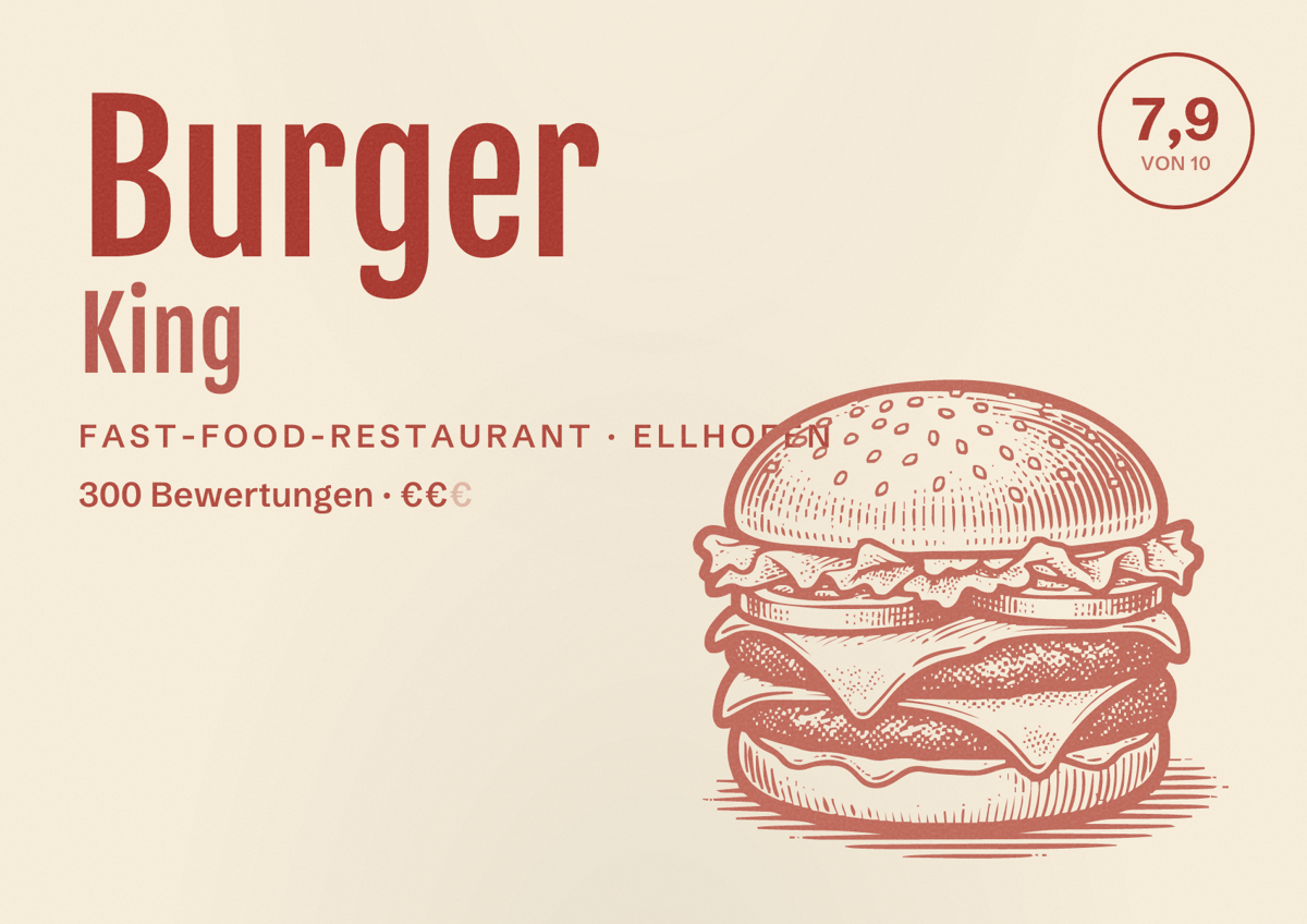 Illustriertes Poster von Burger King, Fast-Food-Restaurant in Ellhofen: Bewertung 7,9 von 10 aus 300 Bewertungen, Preisniveau €€