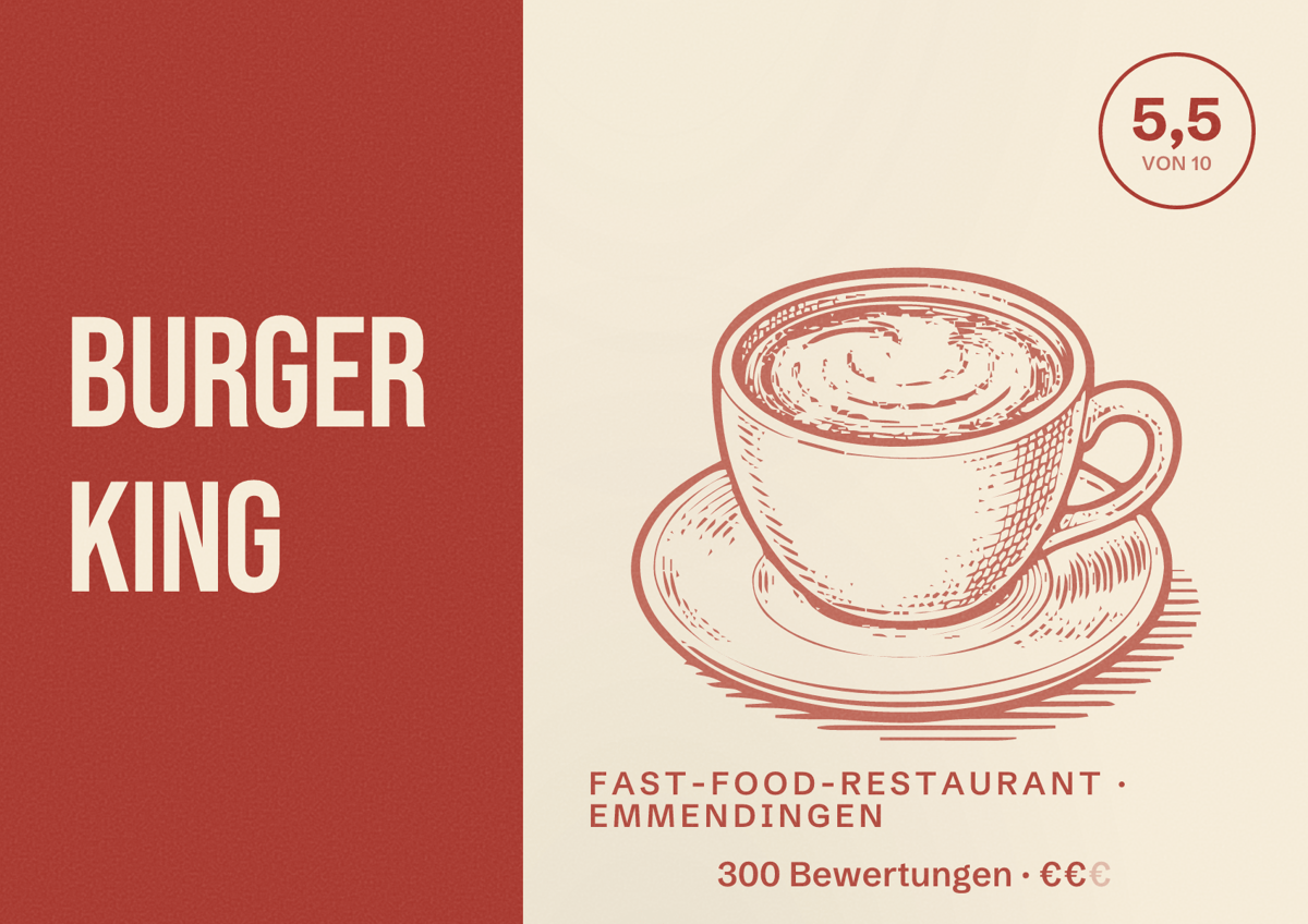 Illustriertes Poster von Burger King, Fast-Food-Restaurant in Emmendingen: Bewertung 5,5 von 10 aus 300 Bewertungen, Preisniveau €€