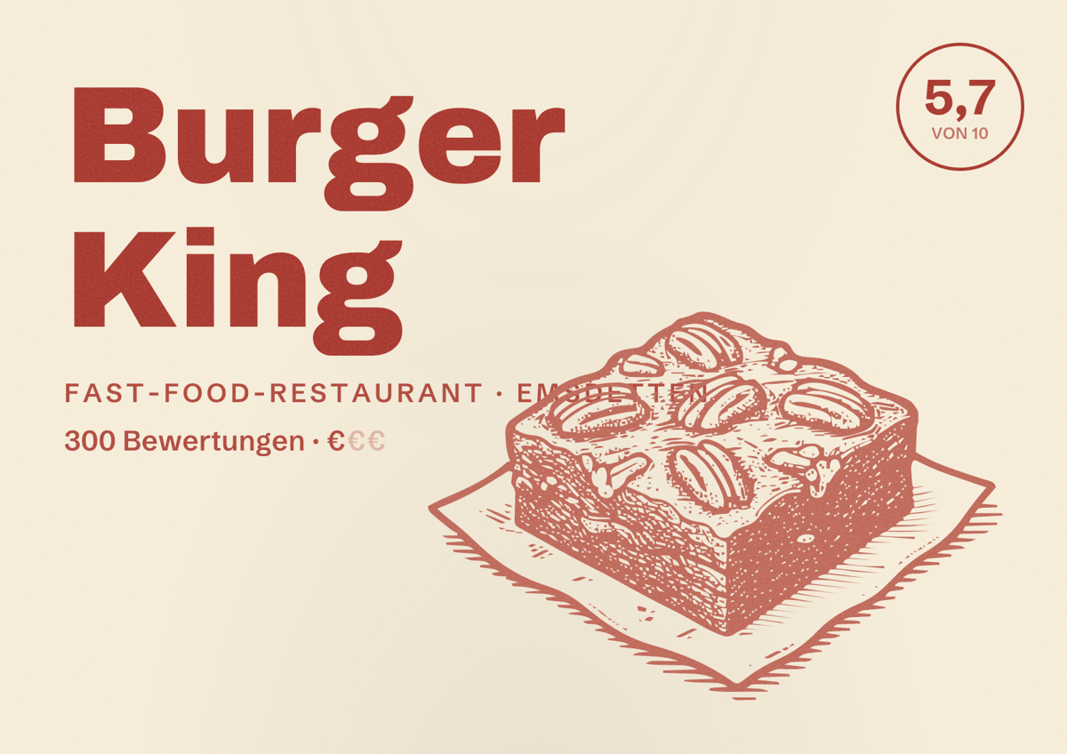 Illustriertes Poster von Burger King, Fast-Food-Restaurant in Emsdetten: Bewertung 5,7 von 10 aus 300 Bewertungen, Preisniveau €