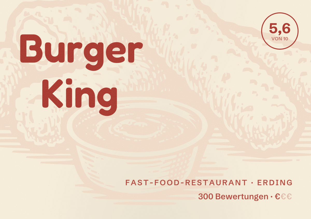 Illustriertes Poster von Burger King, Fast-Food-Restaurant in Erding: Bewertung 5,6 von 10 aus 300 Bewertungen, Preisniveau €