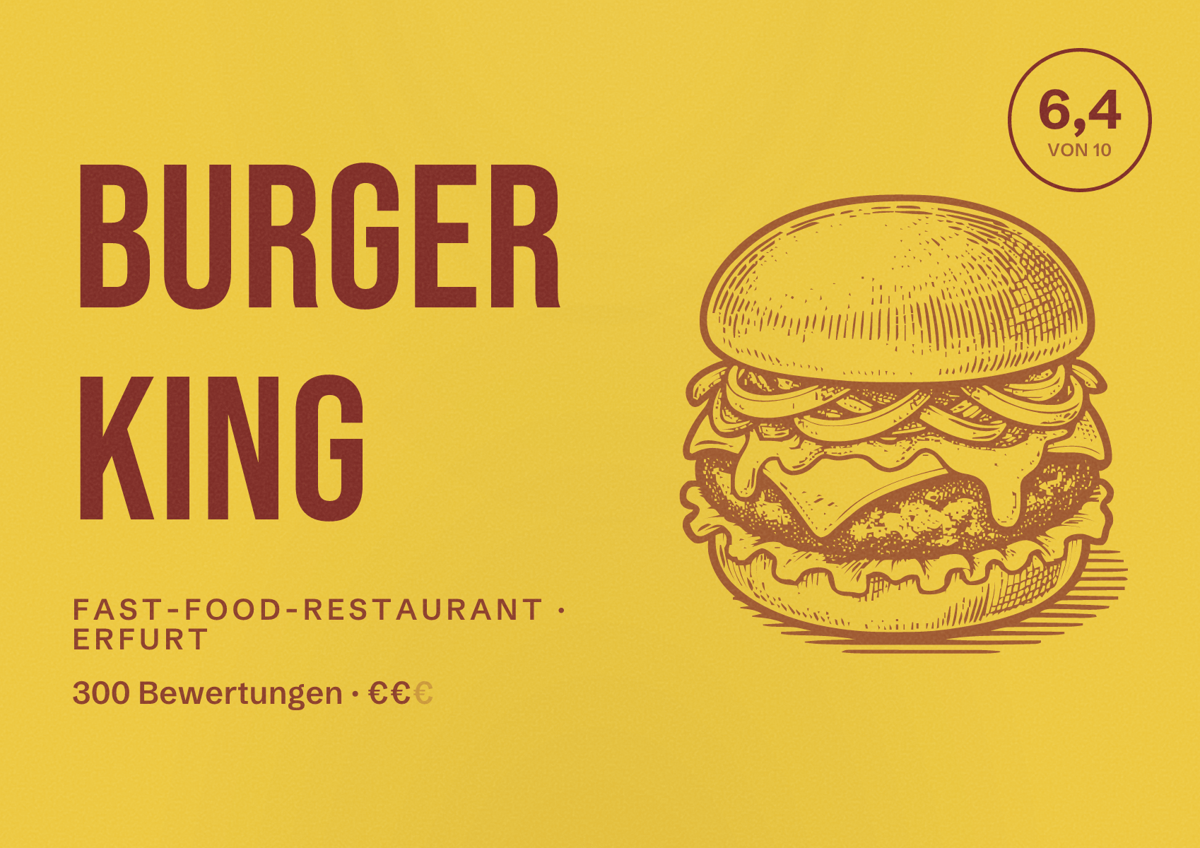Illustriertes Poster von Burger King, Fast-Food-Restaurant in Erfurt: Bewertung 6,4 von 10 aus 300 Bewertungen, Preisniveau €€