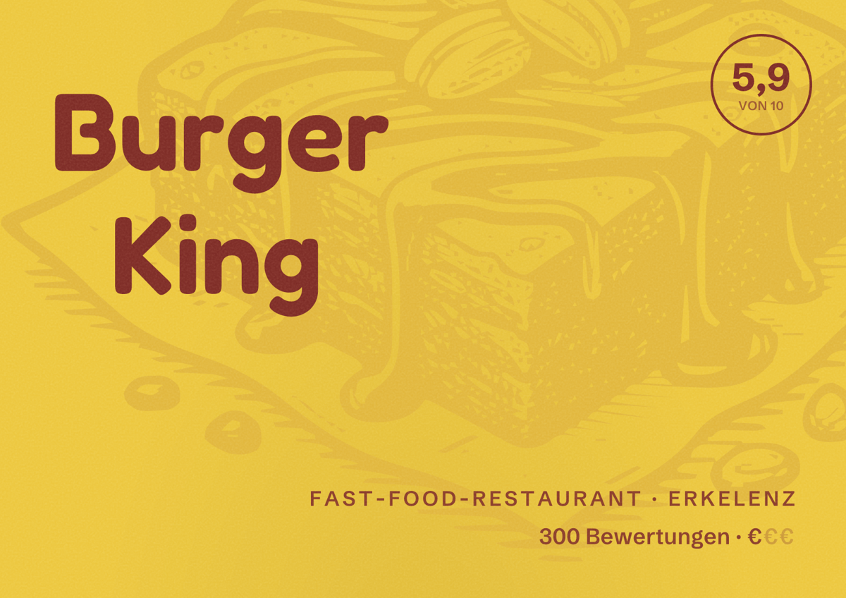 Illustriertes Poster von Burger King, Fast-Food-Restaurant in Erkelenz: Bewertung 5,9 von 10 aus 300 Bewertungen, Preisniveau €