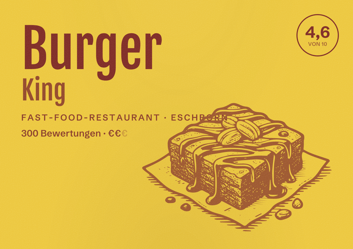 Illustriertes Poster von Burger King, Fast-Food-Restaurant in Eschborn: Bewertung 4,6 von 10 aus 300 Bewertungen, Preisniveau €€