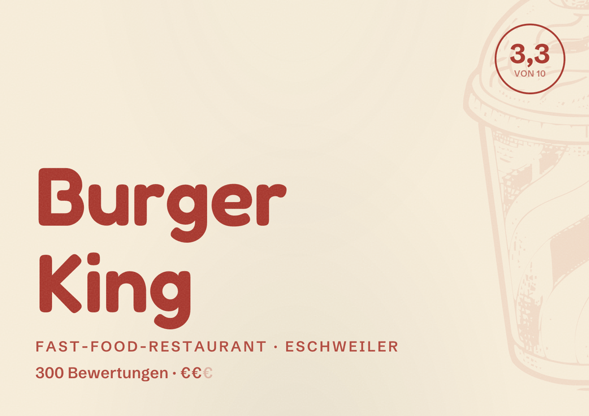 Illustriertes Poster von Burger King, Fast-Food-Restaurant in Eschweiler: Bewertung 3,3 von 10 aus 300 Bewertungen, Preisniveau €€