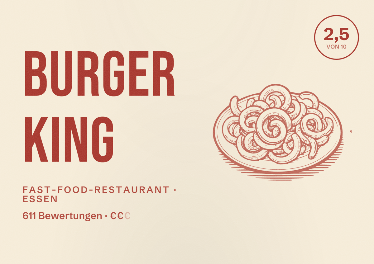 Illustriertes Poster von Burger King, Fast-Food-Restaurant in Essen: Bewertung 2,5 von 10 aus 611 Bewertungen, Preisniveau €€