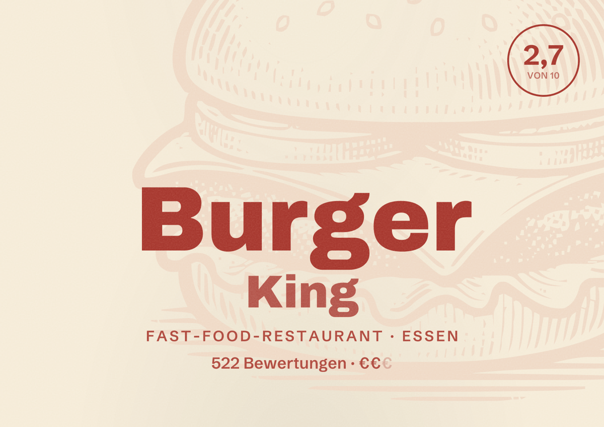 Illustriertes Poster von Burger King, Fast-Food-Restaurant in Essen: Bewertung 2,7 von 10 aus 522 Bewertungen, Preisniveau €€