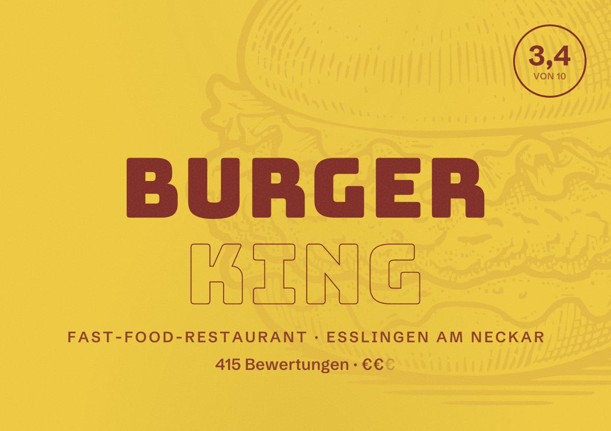 Illustriertes Poster von Burger King, Fast-Food-Restaurant in Esslingen am Neckar: Bewertung 3,4 von 10 aus 415 Bewertungen, Preisniveau €€