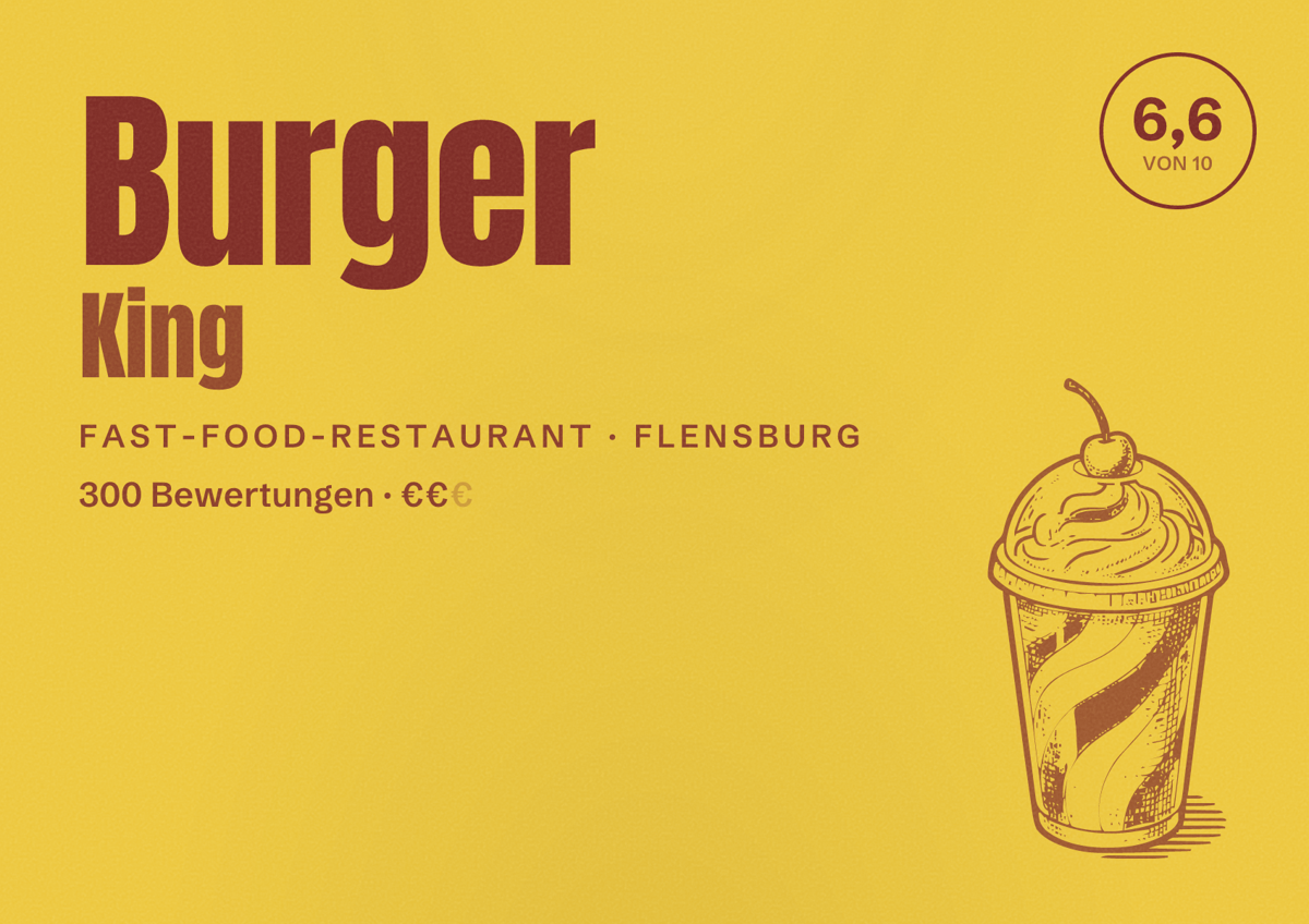 Illustriertes Poster von Burger King, Fast-Food-Restaurant in Flensburg: Bewertung 6,6 von 10 aus 300 Bewertungen, Preisniveau €€