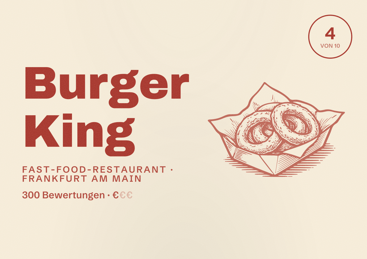 Illustriertes Poster von Burger King, Fast-Food-Restaurant in Frankfurt am Main: Bewertung 4,0 von 10 aus 300 Bewertungen, Preisniveau €