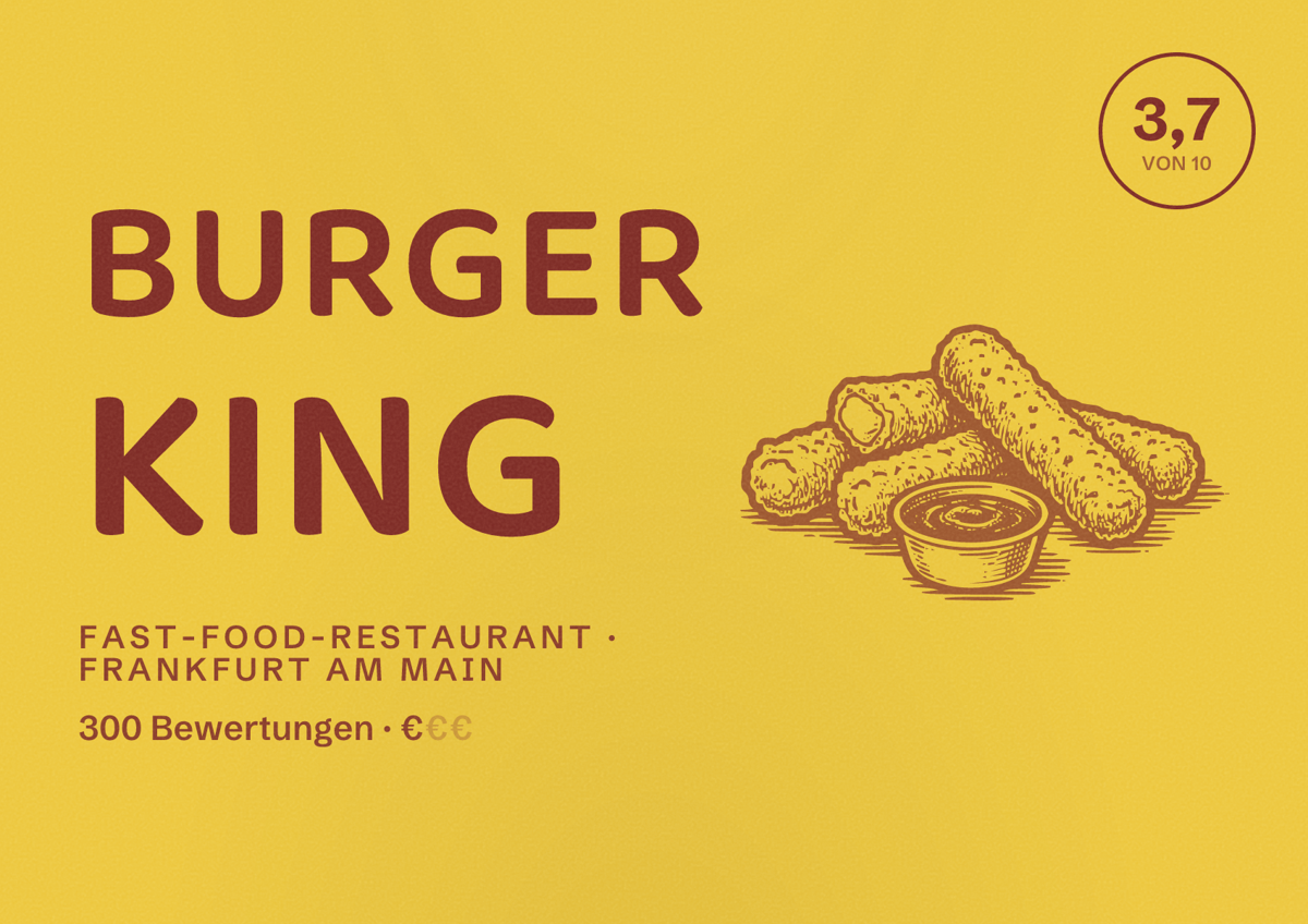 Illustriertes Poster von Burger King, Fast-Food-Restaurant in Frankfurt am Main: Bewertung 3,7 von 10 aus 300 Bewertungen, Preisniveau €