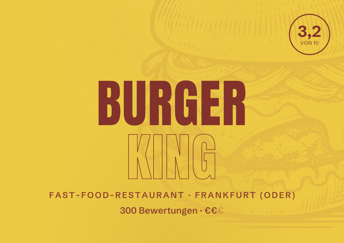 Illustriertes Poster von Burger King, Fast-Food-Restaurant in Frankfurt (Oder): Bewertung 3,2 von 10 aus 300 Bewertungen, Preisniveau €€
