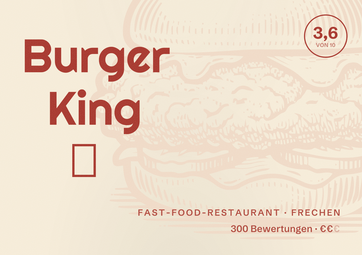 Illustriertes Poster von Burger King 🍔, Fast-Food-Restaurant in Frechen: Bewertung 3,6 von 10 aus 300 Bewertungen, Preisniveau €€