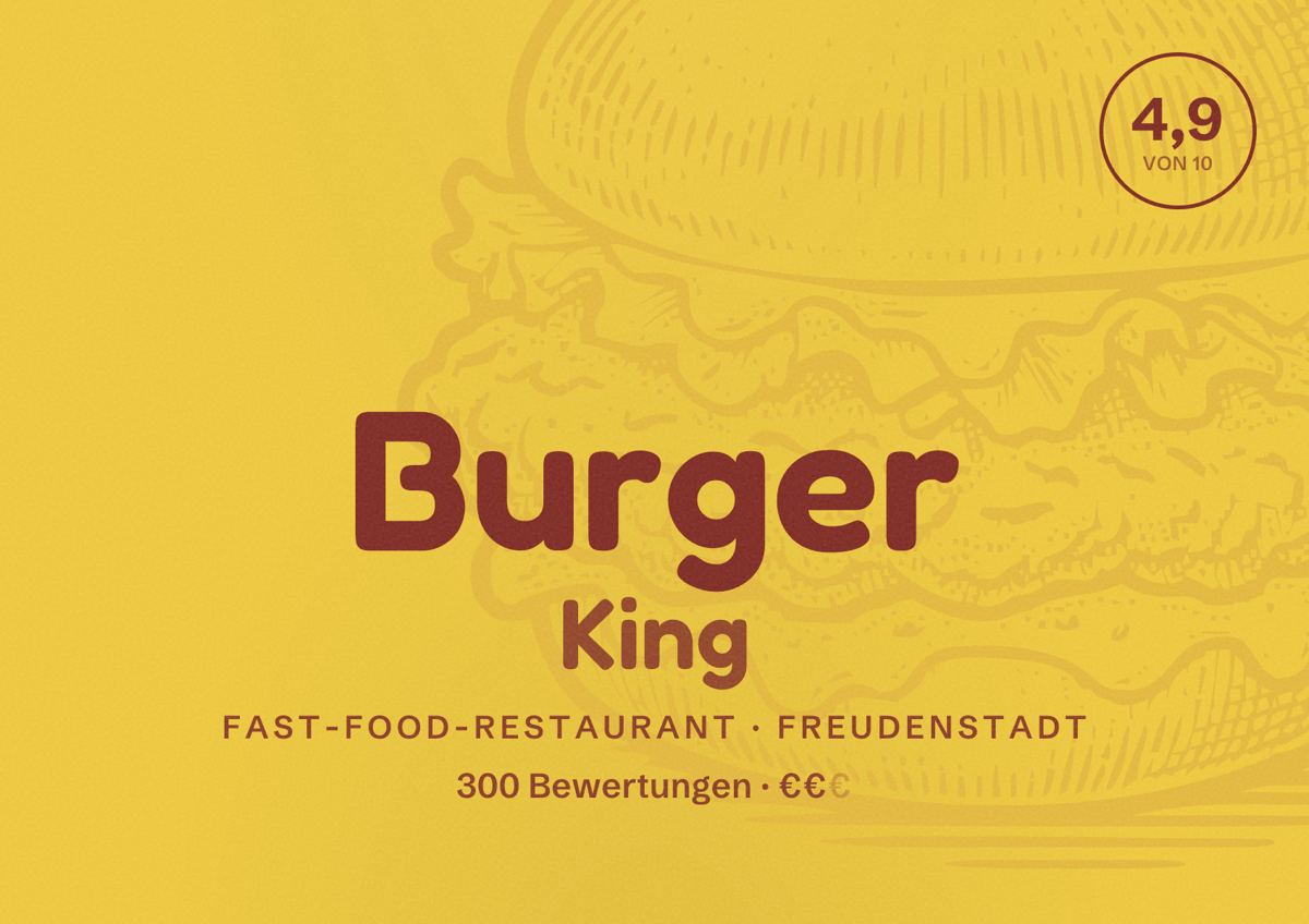 Illustriertes Poster von Burger King, Fast-Food-Restaurant in Freudenstadt: Bewertung 4,9 von 10 aus 300 Bewertungen, Preisniveau €€