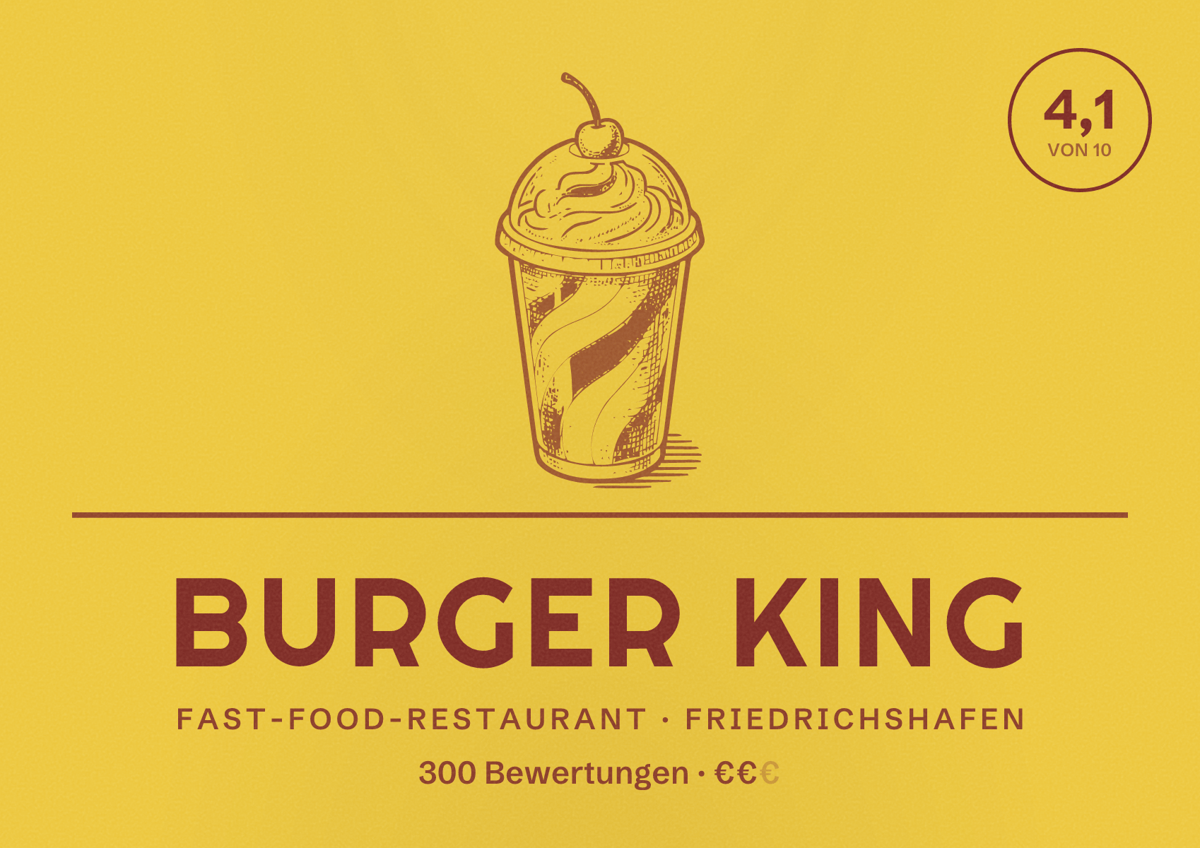 Illustriertes Poster von Burger King, Fast-Food-Restaurant in Friedrichshafen: Bewertung 4,1 von 10 aus 300 Bewertungen, Preisniveau €€