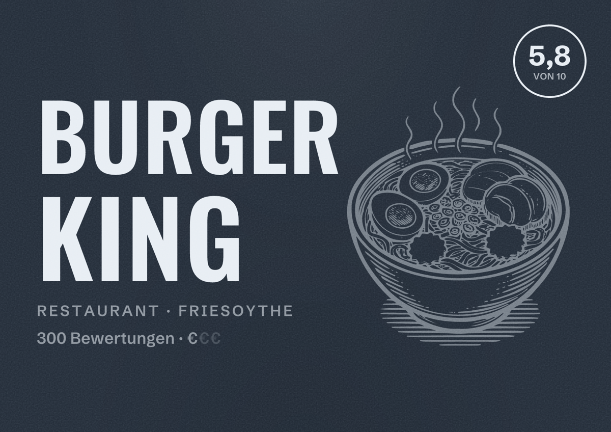Illustriertes Poster von Burger King, Restaurant in Friesoythe: Bewertung 5,8 von 10 aus 300 Bewertungen, Preisniveau €