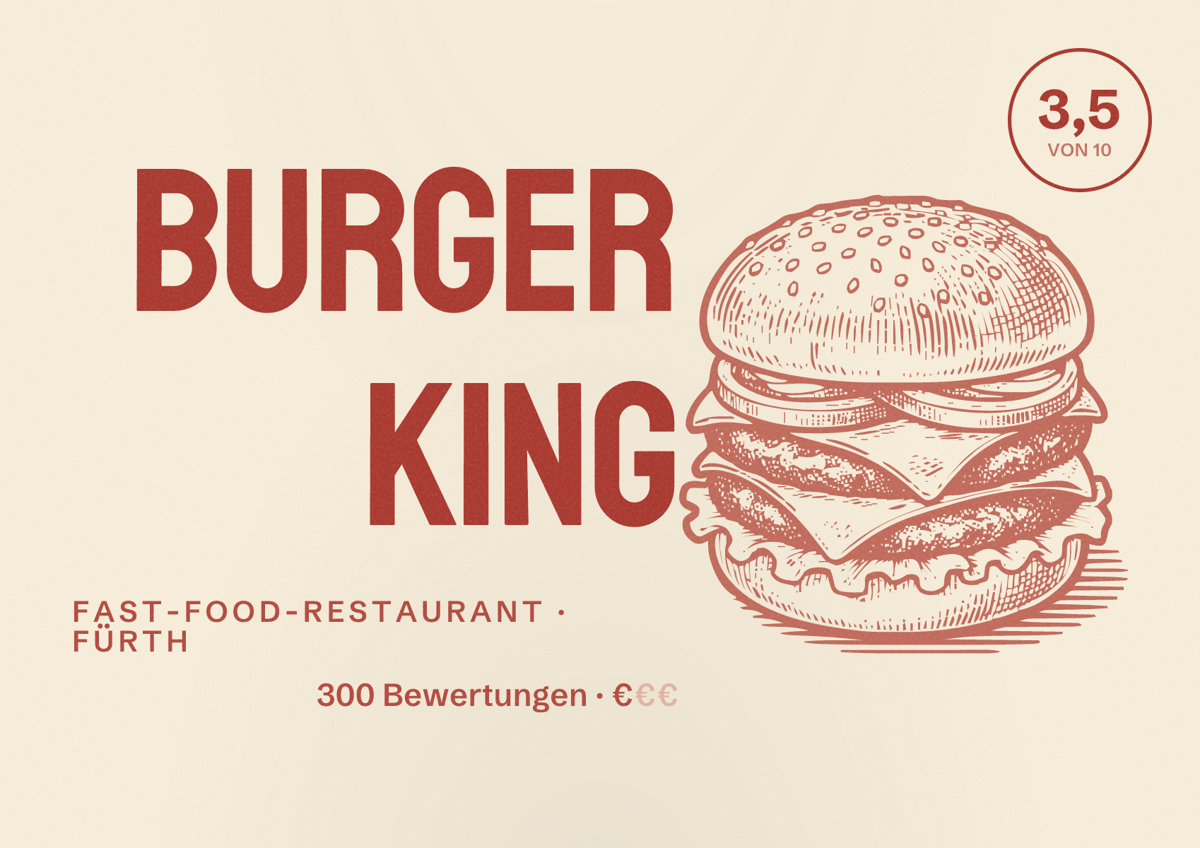 Illustriertes Poster von Burger King, Fast-Food-Restaurant in Fürth: Bewertung 3,5 von 10 aus 300 Bewertungen, Preisniveau €