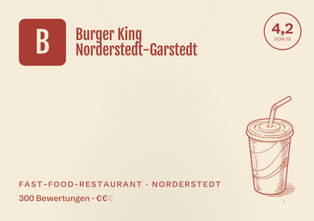 Illustriertes Poster von Burger King Norderstedt-Garstedt, Fast-Food-Restaurant in Norderstedt: Bewertung 4,2 von 10 aus 300 Bewertungen, Preisniveau €