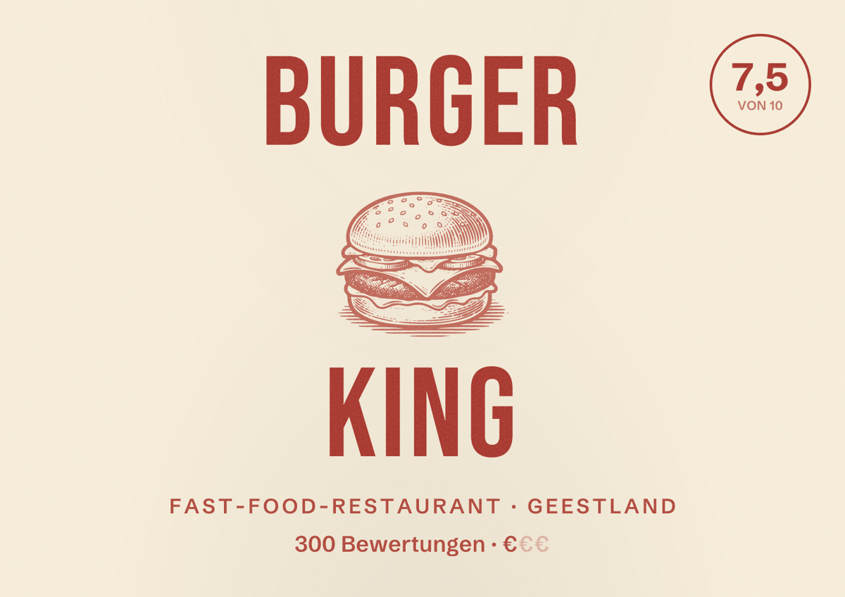 Illustriertes Poster von Burger King, Fast-Food-Restaurant in Geestland: Bewertung 7,5 von 10 aus 300 Bewertungen, Preisniveau €