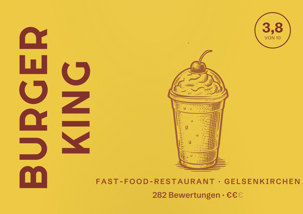 Illustriertes Poster von Burger King, Fast-Food-Restaurant in Gelsenkirchen: Bewertung 3,8 von 10 aus 282 Bewertungen, Preisniveau €€