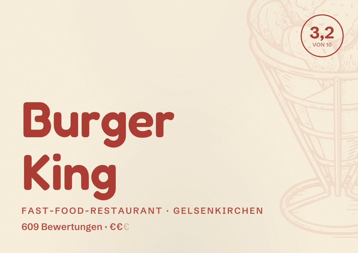 Illustriertes Poster von Burger King, Fast-Food-Restaurant in Gelsenkirchen: Bewertung 3,2 von 10 aus 609 Bewertungen, Preisniveau €€