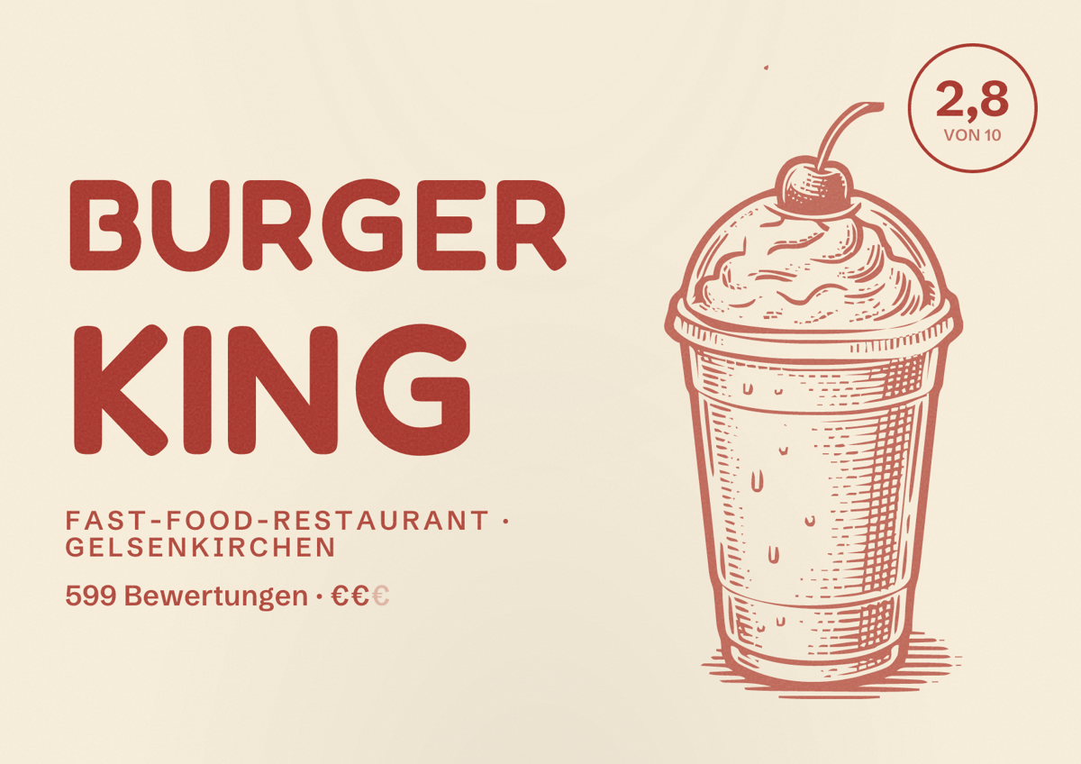 Illustriertes Poster von Burger King, Fast-Food-Restaurant in Gelsenkirchen: Bewertung 2,8 von 10 aus 599 Bewertungen, Preisniveau €€