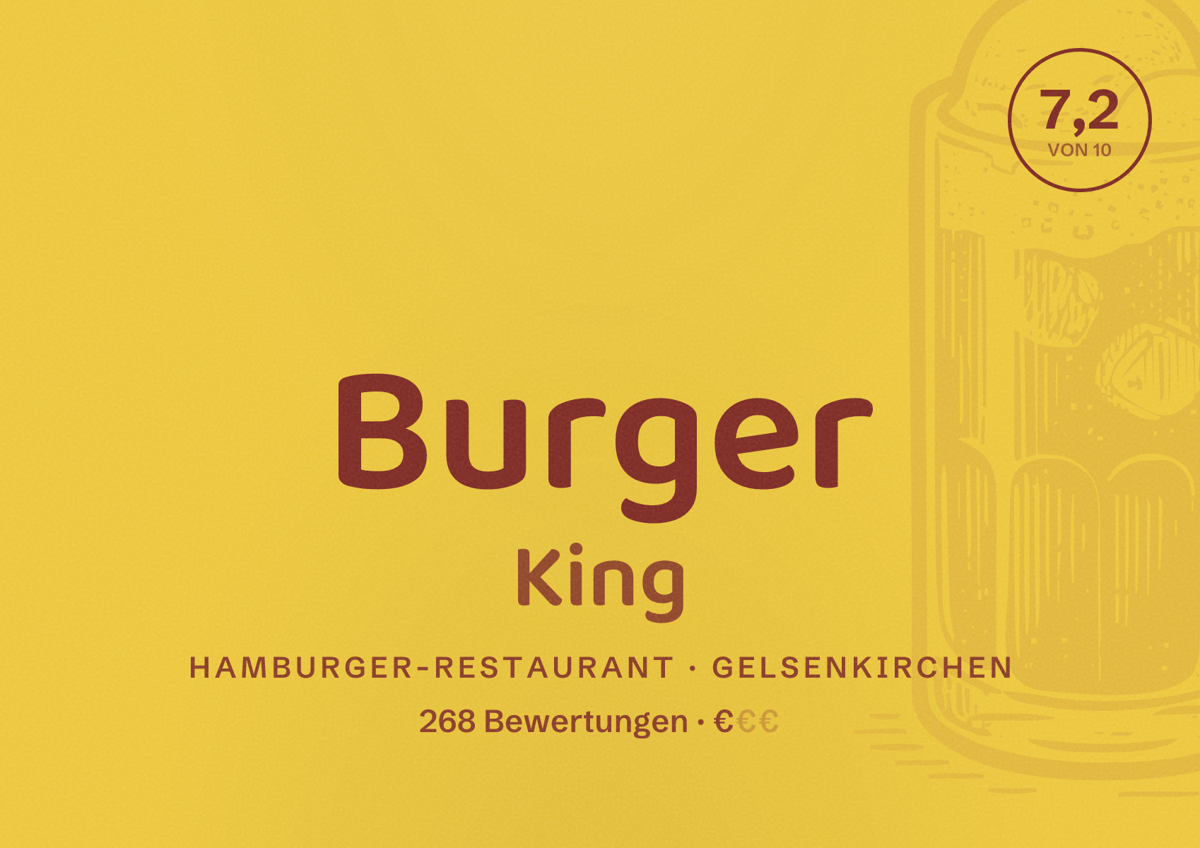 Illustriertes Poster von Burger King, Hamburger-Restaurant in Gelsenkirchen: Bewertung 7,2 von 10 aus 268 Bewertungen, Preisniveau €