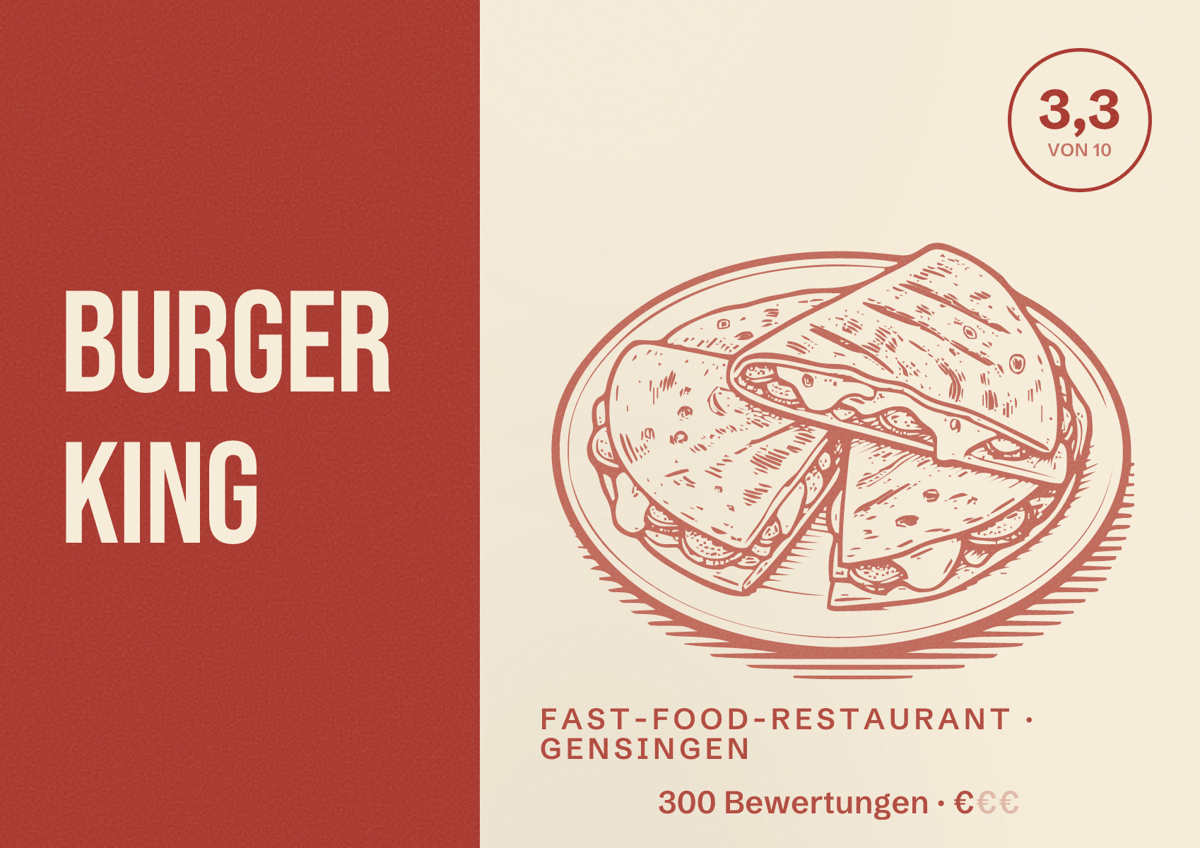 Illustriertes Poster von Burger King, Fast-Food-Restaurant in Gensingen: Bewertung 3,3 von 10 aus 300 Bewertungen, Preisniveau €