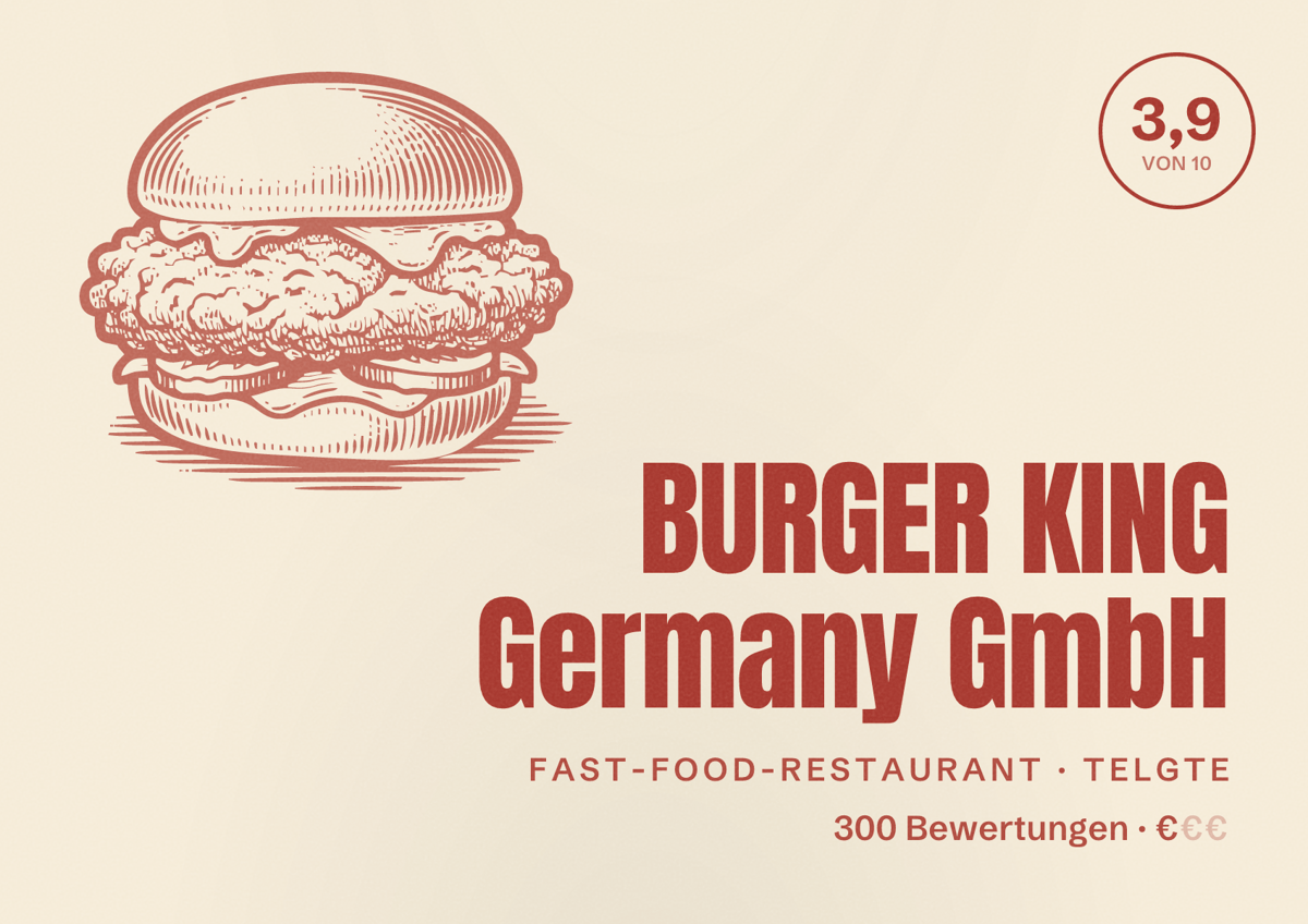 Illustriertes Poster von BURGER KING Germany GmbH, Fast-Food-Restaurant in Telgte: Bewertung 3,9 von 10 aus 300 Bewertungen, Preisniveau €