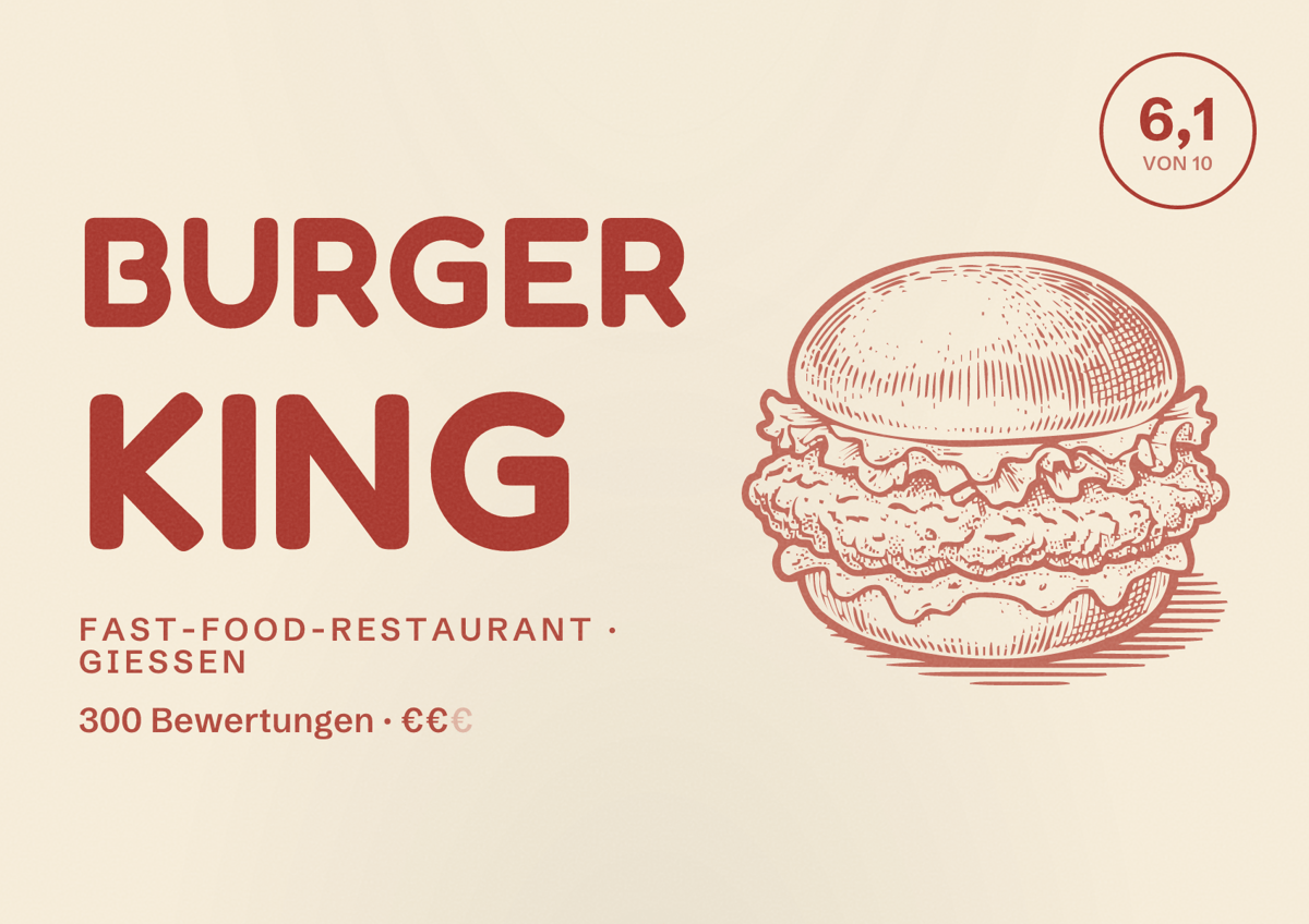 Illustriertes Poster von Burger King, Fast-Food-Restaurant in Gießen: Bewertung 6,1 von 10 aus 300 Bewertungen, Preisniveau €€
