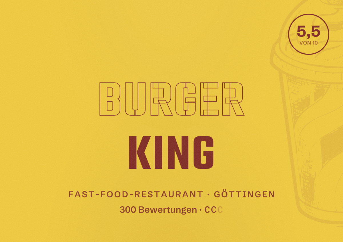 Illustriertes Poster von Burger King, Fast-Food-Restaurant in Göttingen: Bewertung 5,5 von 10 aus 300 Bewertungen, Preisniveau €€