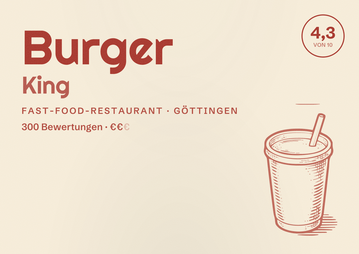 Illustriertes Poster von Burger King, Fast-Food-Restaurant in Göttingen: Bewertung 4,3 von 10 aus 300 Bewertungen, Preisniveau €€
