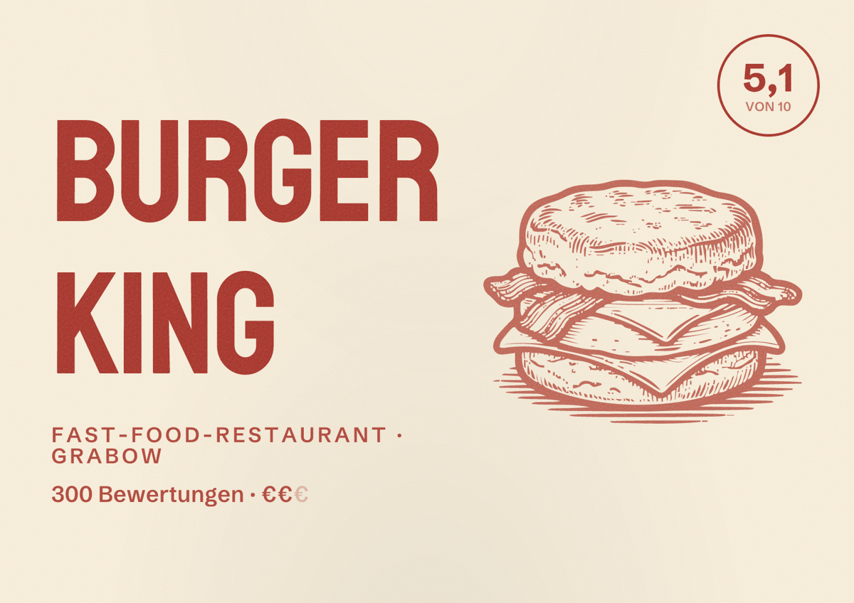 Illustriertes Poster von Burger King, Fast-Food-Restaurant in Grabow: Bewertung 5,1 von 10 aus 300 Bewertungen, Preisniveau €€