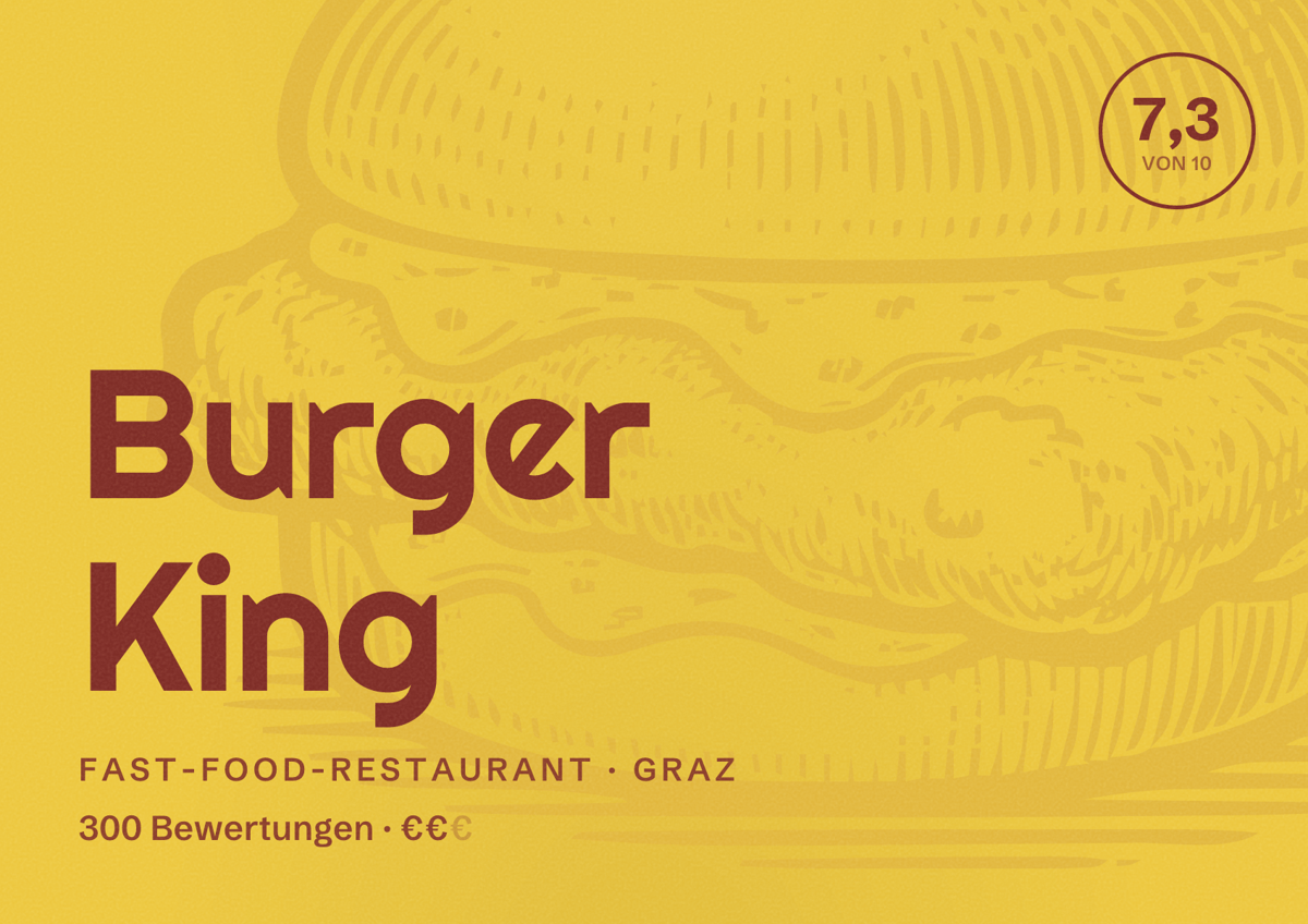 Illustriertes Poster von Burger King, Fast-Food-Restaurant in Graz: Bewertung 7,3 von 10 aus 300 Bewertungen, Preisniveau €€