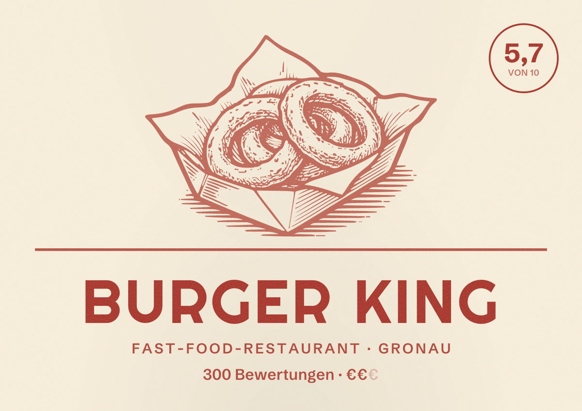 Illustriertes Poster von Burger King, Fast-Food-Restaurant in Gronau: Bewertung 5,7 von 10 aus 300 Bewertungen, Preisniveau €€