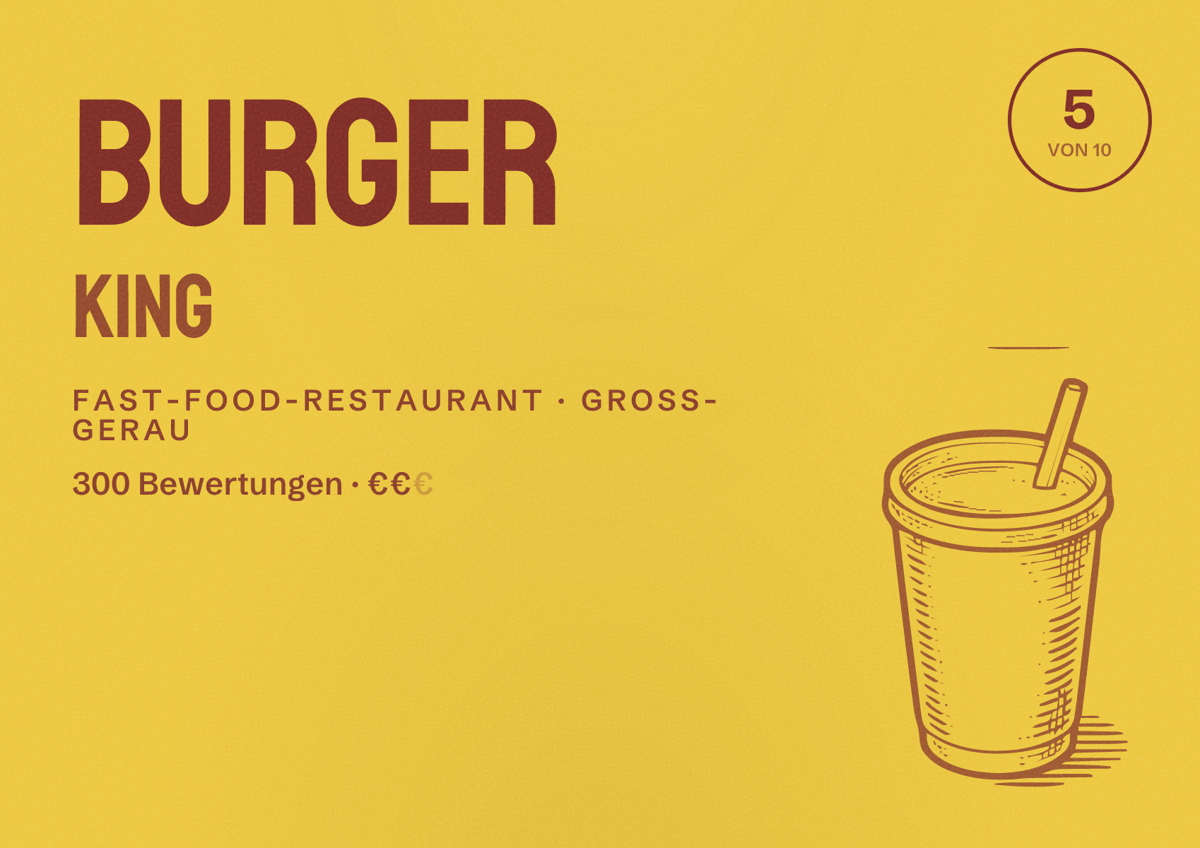 Illustriertes Poster von Burger King, Fast-Food-Restaurant in Groß-Gerau: Bewertung 5 von 10 aus 300 Bewertungen, Preisniveau €€