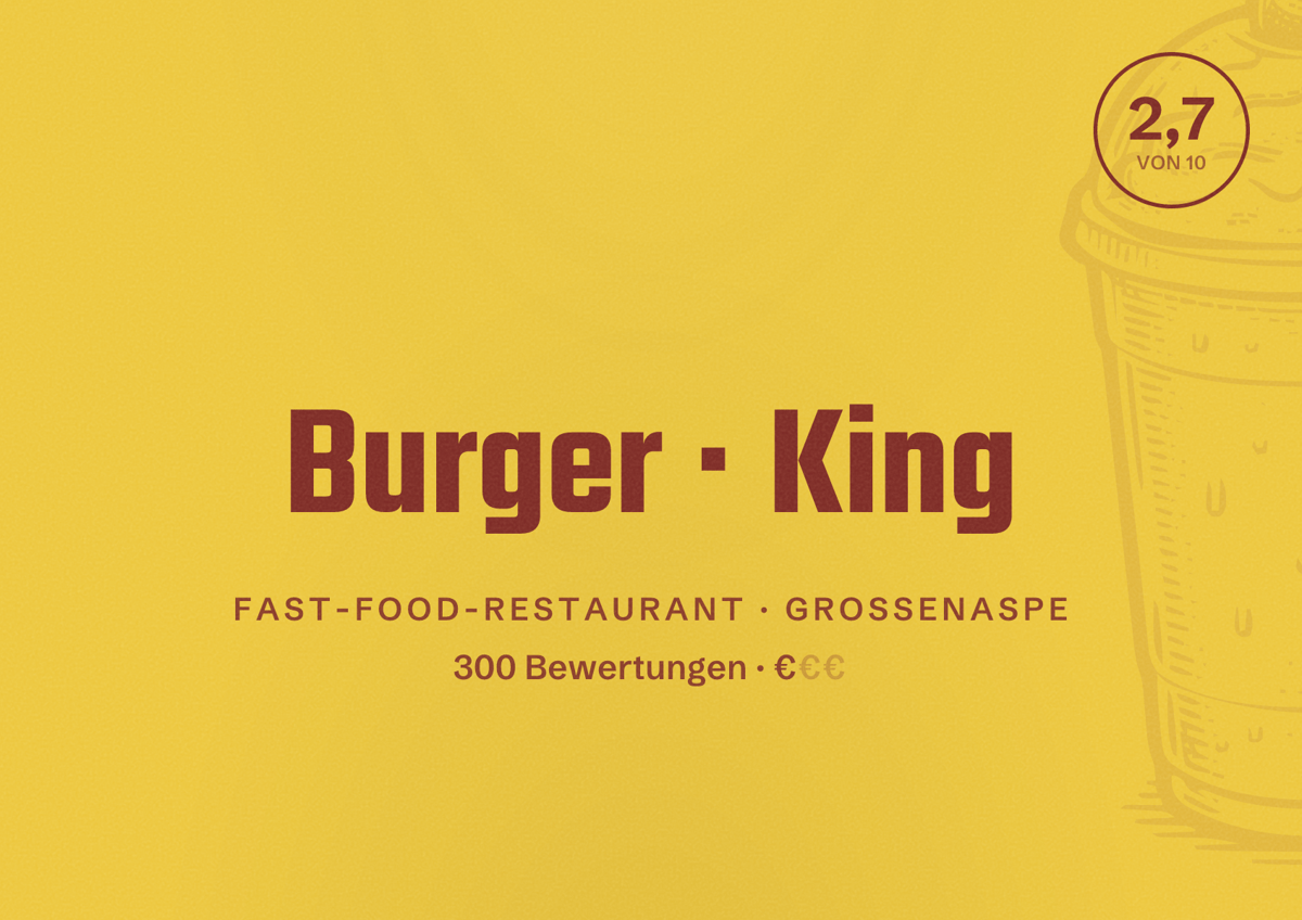 Illustriertes Poster von Burger King, Fast-Food-Restaurant in Großenaspe: Bewertung 2,7 von 10 aus 300 Bewertungen, Preisniveau €