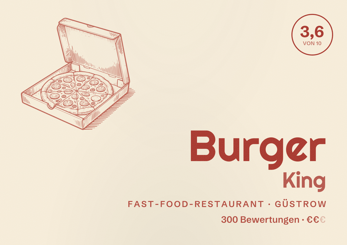 Illustriertes Poster von Burger King, Fast-Food-Restaurant in Güstrow: Bewertung 3,6 von 10 aus 300 Bewertungen, Preisniveau €€