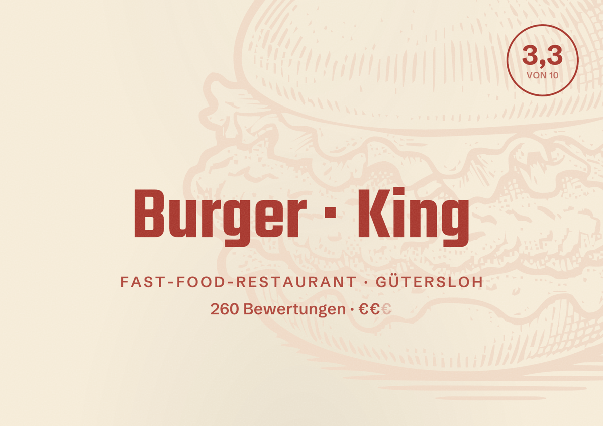 Illustriertes Poster von Burger King, Fast-Food-Restaurant in Gütersloh: Bewertung 3,3 von 10 aus 260 Bewertungen, Preisniveau €€